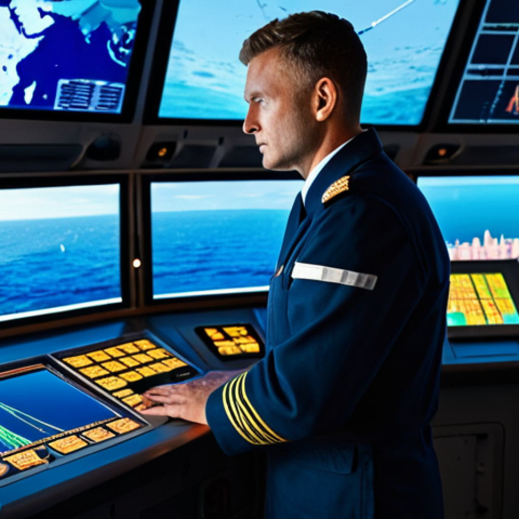 A professional ship captain, fully clothed in a neat, modest navy uniform, is standing on the bridge of a modern cargo ship. Large, glowing digital screens surround the captain, displaying detailed maritime charts, real-time weather forecasts, and vessel tracking data. The captain's hands are resting on a console, looking calmly at the screens, emphasizing precision and control. Through the large windows, a calm, vast ocean is visible under a clear sky. Perfect anatomy, correct proportions, natural pose, well-formed hands, proper finger count, natural body proportions. Professional photography, high quality, sharp focus, volumetric lighting, safe for work, appropriate content, fully clothed, family-friendly.