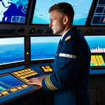 A professional ship captain, fully clothed in a neat, modest navy uniform, is standing on the bridge of a modern cargo ship. Large, glowing digital screens surround the captain, displaying detailed maritime charts, real-time weather forecasts, and vessel tracking data. The captain's hands are resting on a console, looking calmly at the screens, emphasizing precision and control. Through the large windows, a calm, vast ocean is visible under a clear sky. Perfect anatomy, correct proportions, natural pose, well-formed hands, proper finger count, natural body proportions. Professional photography, high quality, sharp focus, volumetric lighting, safe for work, appropriate content, fully clothed, family-friendly.