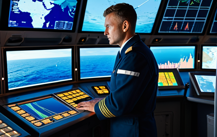 A professional ship captain, fully clothed in a neat, modest navy uniform, is standing on the bridge of a modern cargo ship. Large, glowing digital screens surround the captain, displaying detailed maritime charts, real-time weather forecasts, and vessel tracking data. The captain's hands are resting on a console, looking calmly at the screens, emphasizing precision and control. Through the large windows, a calm, vast ocean is visible under a clear sky. Perfect anatomy, correct proportions, natural pose, well-formed hands, proper finger count, natural body proportions. Professional photography, high quality, sharp focus, volumetric lighting, safe for work, appropriate content, fully clothed, family-friendly.