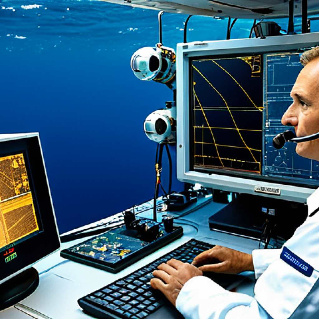Marine Data Collection Technologies**

"A modern research vessel in the deep blue ocean, deploying advanced underwater drones. Scientists in lab coats work on computers analyzing real-time data. Focus on technological equipment, satellite dishes, and sonar. Safe for work, appropriate content, professional, fully clothed, perfect anatomy, natural proportions, high quality."

**