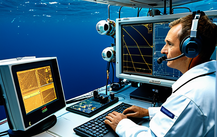 Marine Data Collection Technologies**

"A modern research vessel in the deep blue ocean, deploying advanced underwater drones. Scientists in lab coats work on computers analyzing real-time data. Focus on technological equipment, satellite dishes, and sonar. Safe for work, appropriate content, professional, fully clothed, perfect anatomy, natural proportions, high quality."

**
