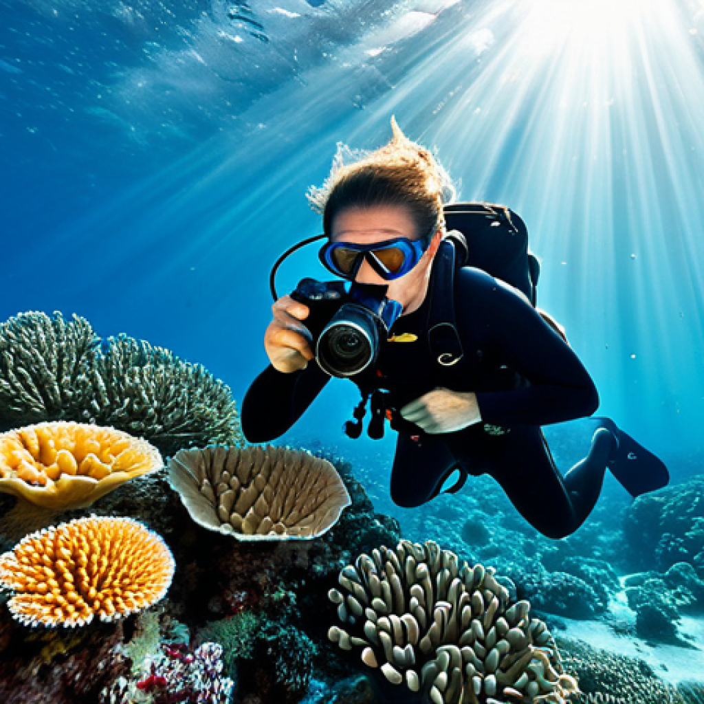 Underwater Photographer in Action**

"A professional underwater photographer, fully clothed in appropriate diving gear, capturing a vibrant coral reef with diverse marine life, using professional underwater camera equipment, clear blue water, sun rays filtering through the surface, safe for work, perfect anatomy, correct proportions, natural pose, professional, high-quality underwater photography, appropriate content, modest."

**