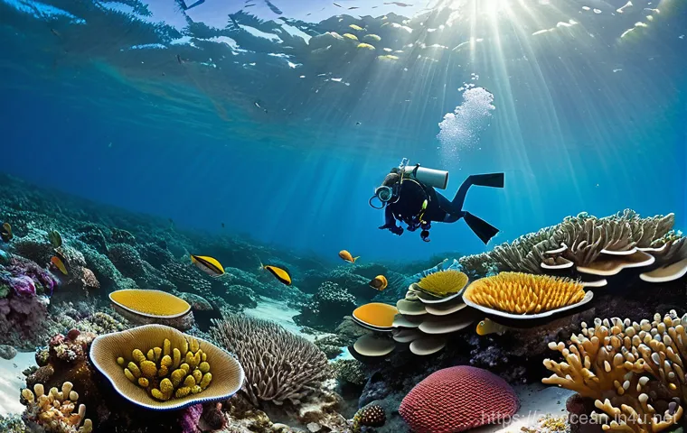해양 생태계 회복 기술 - Vibrant Coral Nursery Under Restoration**

A wide, detailed shot of a thriving underwater coral nurs...
