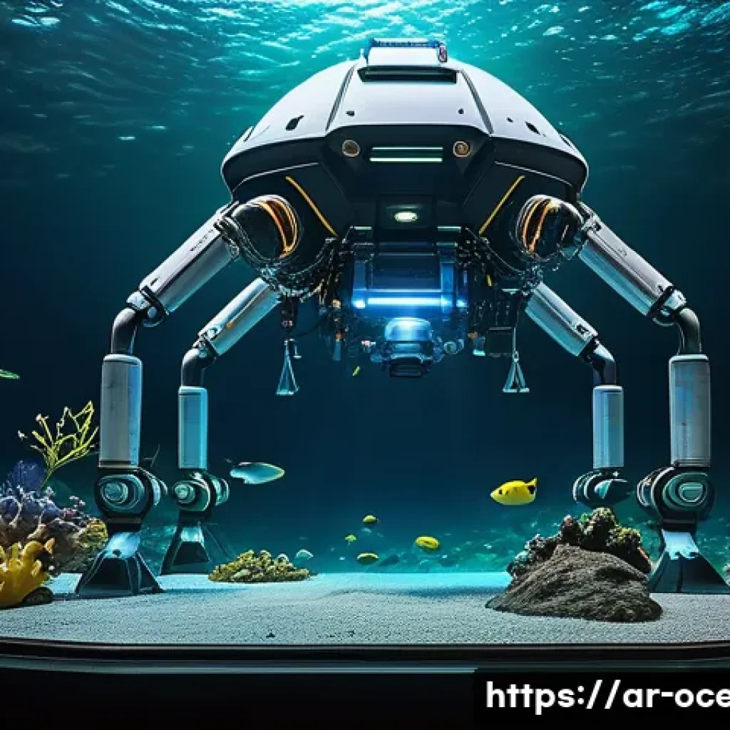 해양 기술 연구소 - A futuristic underwater research scene showing an advanced autonomous diving robot collecting water ...