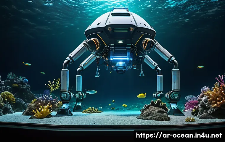해양 기술 연구소 - A futuristic underwater research scene showing an advanced autonomous diving robot collecting water ...