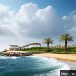 해양 구조물 건설 기술 - A detailed coastal marine structure constructed with advanced composite materials, showcasing a slee...