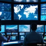 해양 안전 기술 - A highly detailed futuristic maritime control room showing advanced smart monitoring systems for shi...