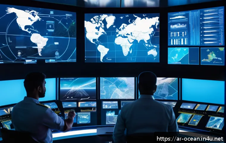 해양 안전 기술 - A highly detailed futuristic maritime control room showing advanced smart monitoring systems for shi...