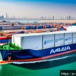 수소 에너지 기반 해양 선박 - A futuristic hydrogen-powered cargo ship docked at a modern Arabian Gulf port, featuring lightweight...