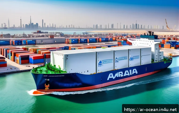 수소 에너지 기반 해양 선박 - A futuristic hydrogen-powered cargo ship docked at a modern Arabian Gulf port, featuring lightweight...