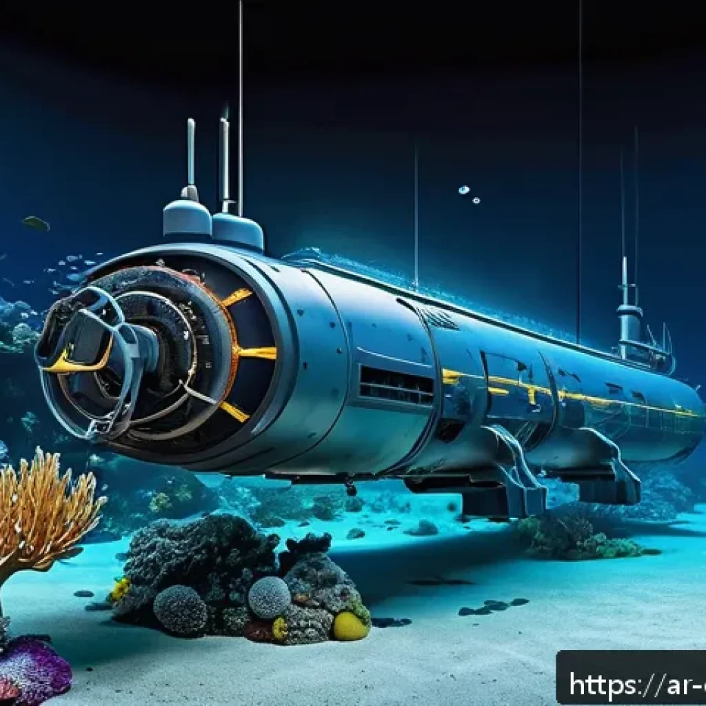 해양 통신 기술의 미래 - A futuristic underwater scene showing advanced smart submarine robots repairing and maintaining long...