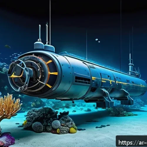 해양 통신 기술의 미래 - A futuristic underwater scene showing advanced smart submarine robots repairing and maintaining long...