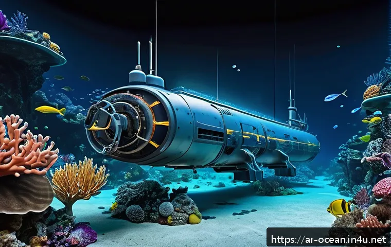 해양 통신 기술의 미래 - A futuristic underwater scene showing advanced smart submarine robots repairing and maintaining long...