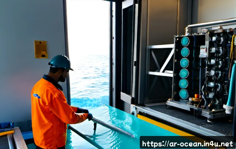 해양 서핑 기계 기술 - Photorealistic coastal engineering workshop in a modern Gulf marina, a compact wave-surfing machine ...