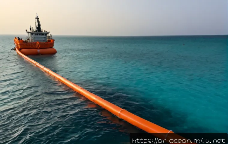 해양 환경 보호 장비 - Photorealistic coastal environmental protection equipment on a clean Arabian Gulf shoreline at sunri...