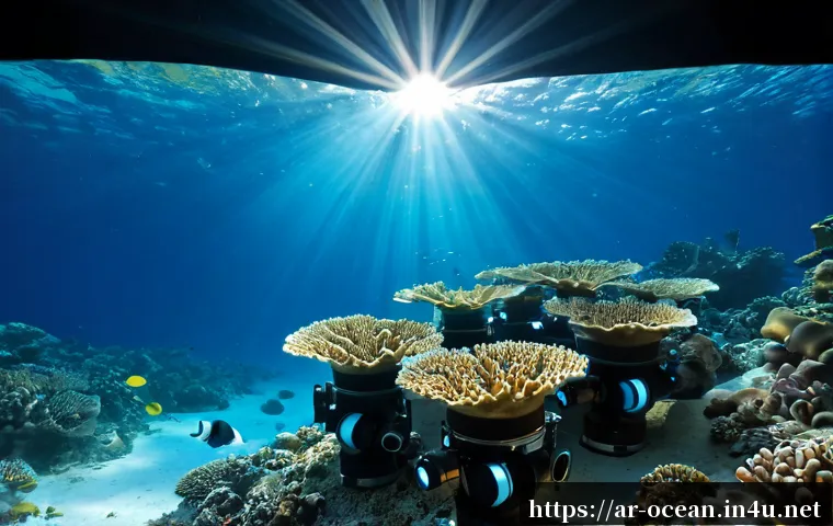해양 로봇 비전 시스템 - Photorealistic underwater scene of a compact marine inspection robot examining a coral reef pipeline...