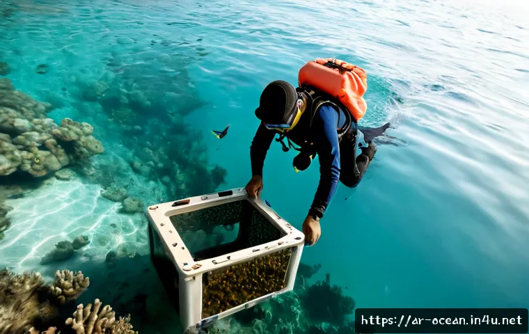 해양 생태계 보존 기술 - Photorealistic coastal marine conservation scene in the Arabian Gulf, Arab marine biologist in modes...