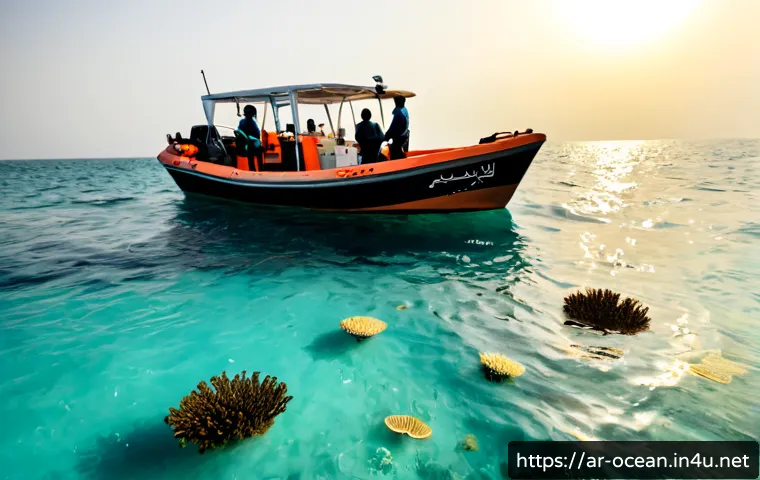 해양 정화 및 복원 기술 - Photorealistic coastal marine restoration project in a calm Arabian Gulf setting, Arab marine scient...