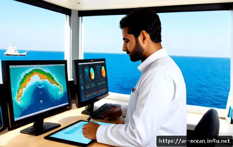 해양 빅데이터 분석 - Photorealistic marine big data analysis center in a modern Gulf Coast research facility, Arab marine...